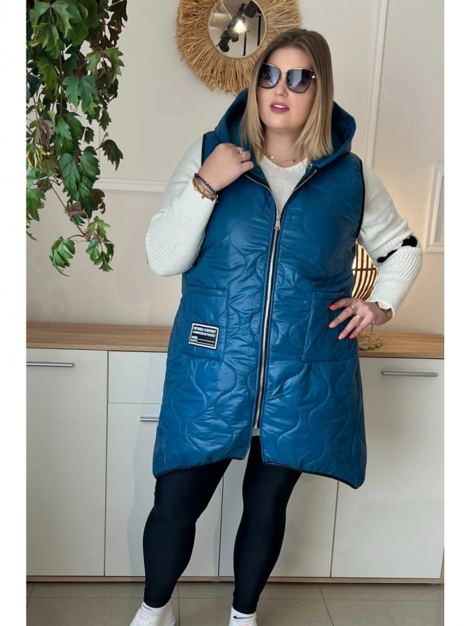 Predĺžená dámska prechodná vesta s kapucňou plus size Doris