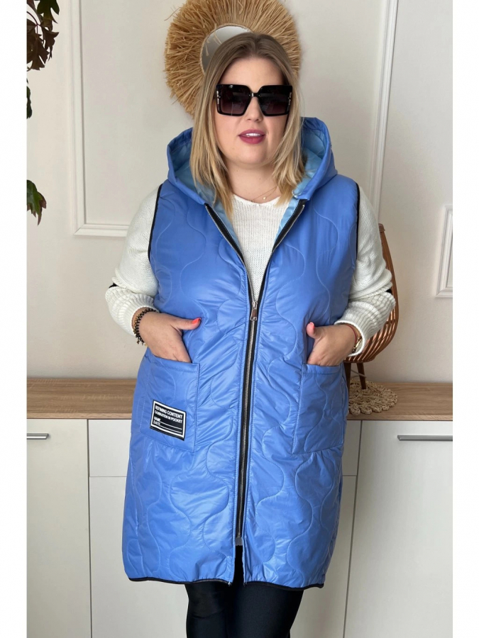 Predĺžená dámska prechodná vesta s kapucňou plus size Doris