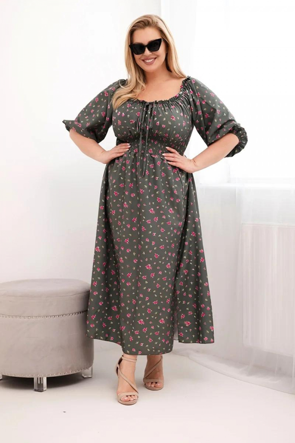 Dlhé kvetinové šaty so šnúrkami vo výstrihu a elastickým pásom Daria