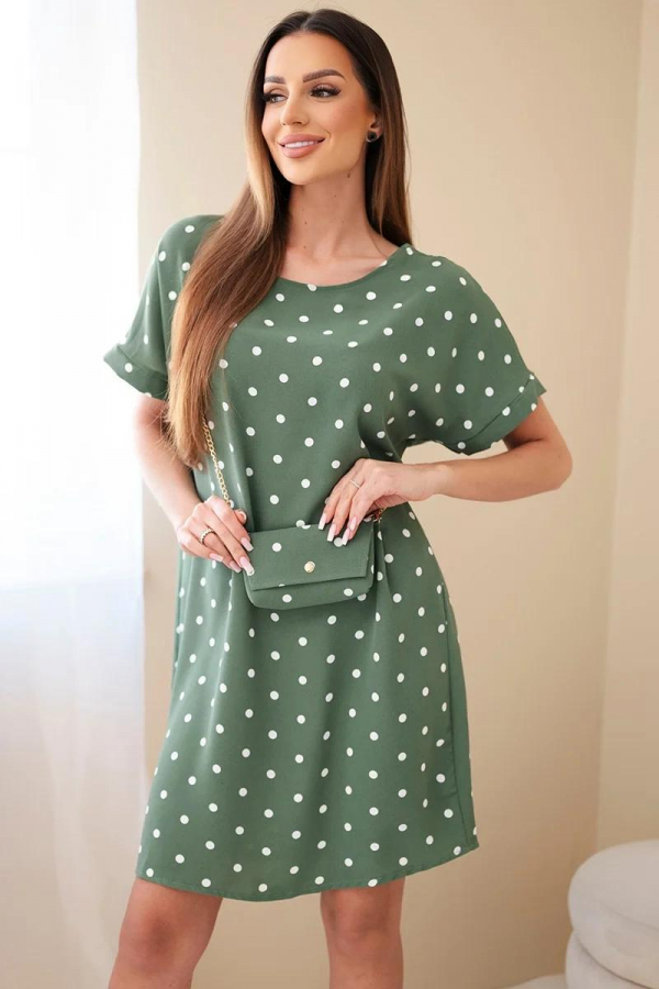 Elegantne bodkované šaty s krátkym rukávom a kabelkou model IT123 