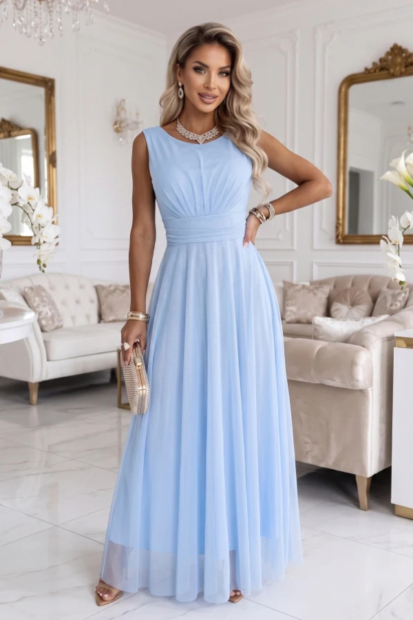 Elegantné dlhé tylové maxi šaty s okrúhlym výstrihom ELIRA - 678-1