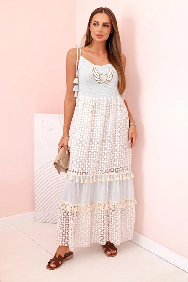 Dlhé boho šaty na ramienka s výšivkou a čipkou model 6523 