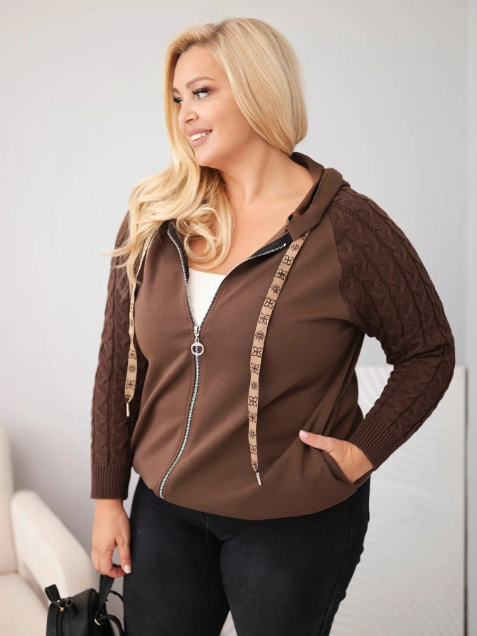 Dámska bavlnená mikina Plus Size s pletenými rukávmi a kapucňou ART26737 