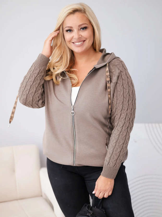 Dámska bavlnená mikina Plus Size s pletenými rukávmi a kapucňou ART26737 