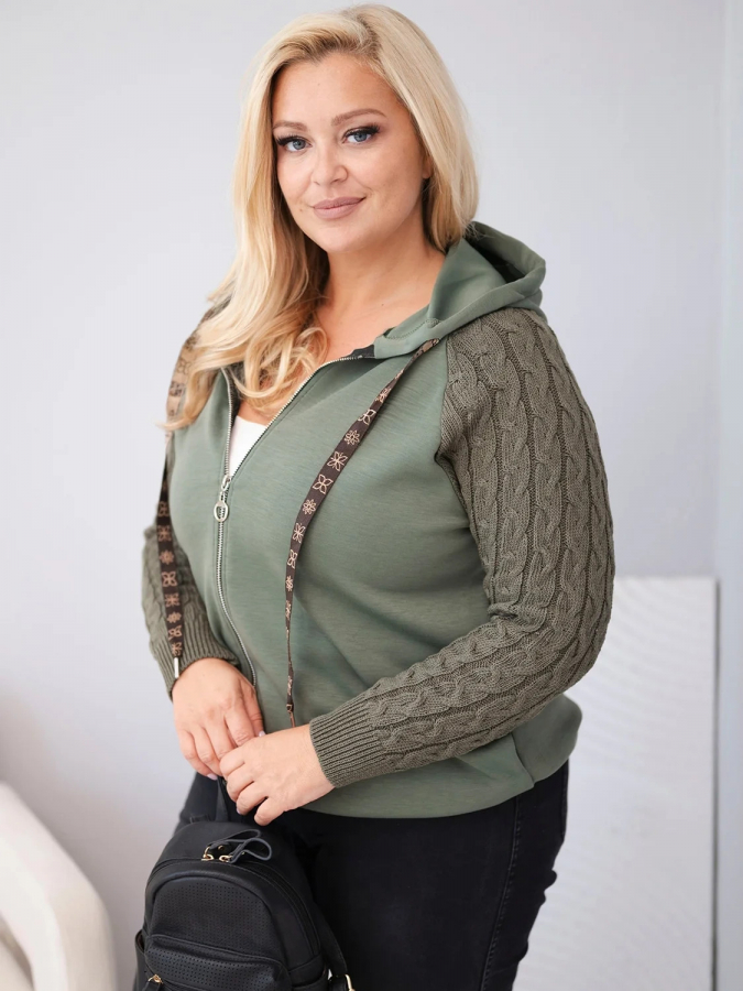 Dámska bavlnená mikina Plus Size s pletenými rukávmi a kapucňou ART26737 