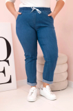 Dámske bavlnené nohavice Plus Size s elastickým pásom a šnúrkou tmavá džínsovina